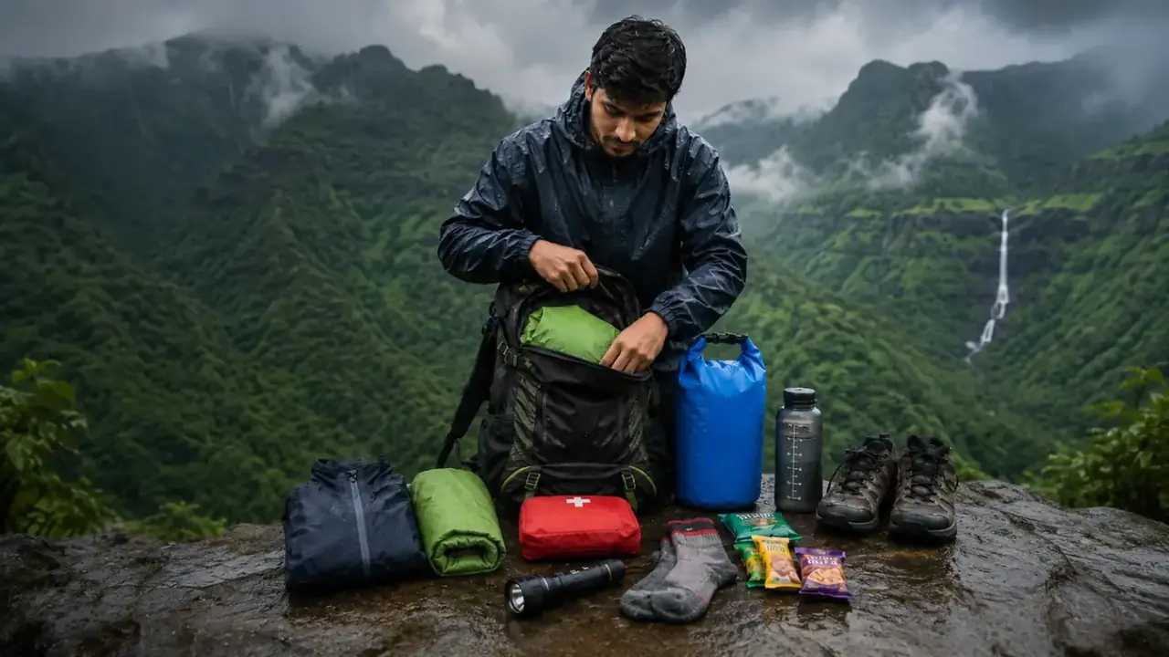 Backpack packed and covered with a rain cover for a monsoon trek