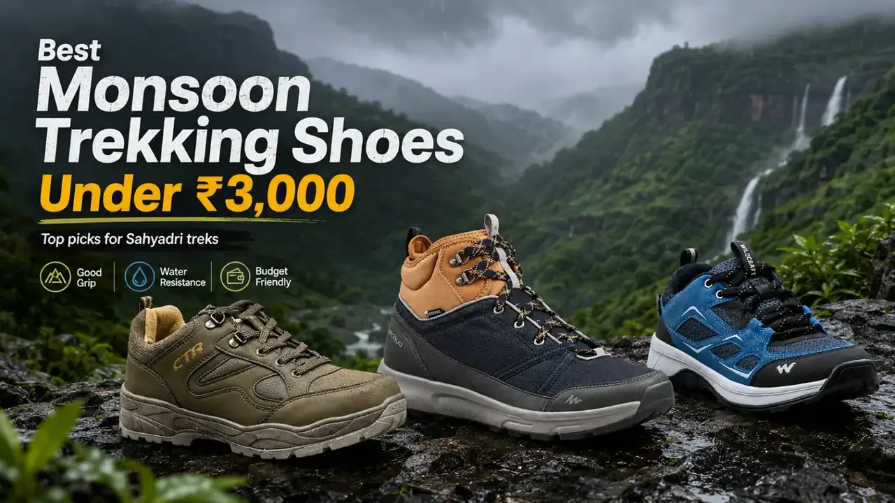 Pair of waterproof trekking shoes suited for Sahyadri monsoon trails