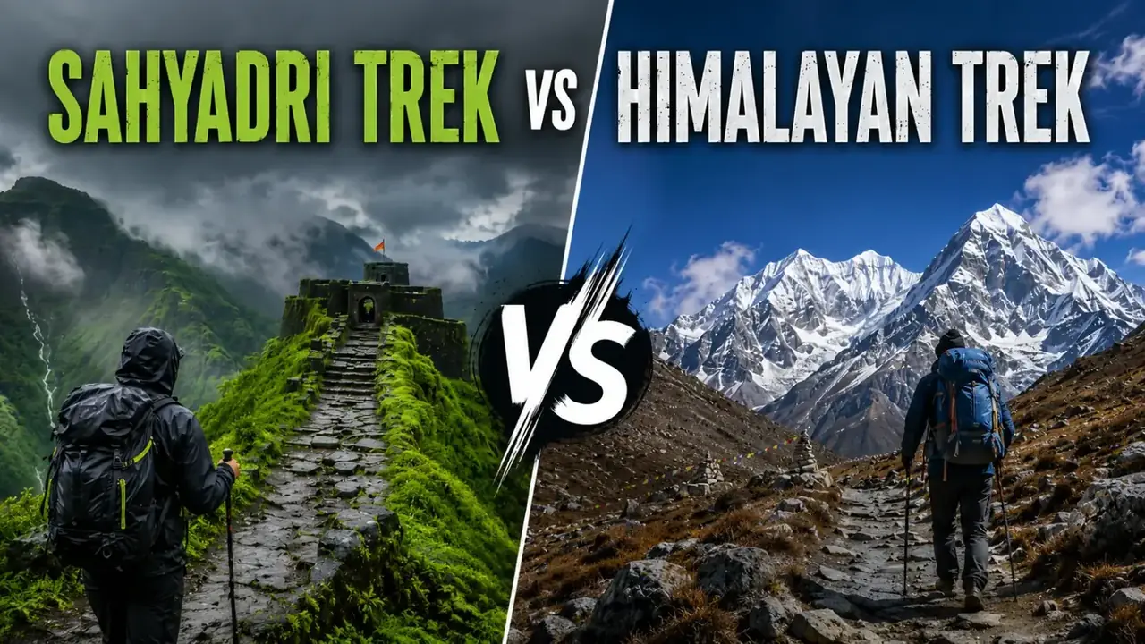 Split view comparing a Sahyadri fort trek and a Himalayan mountain trek
