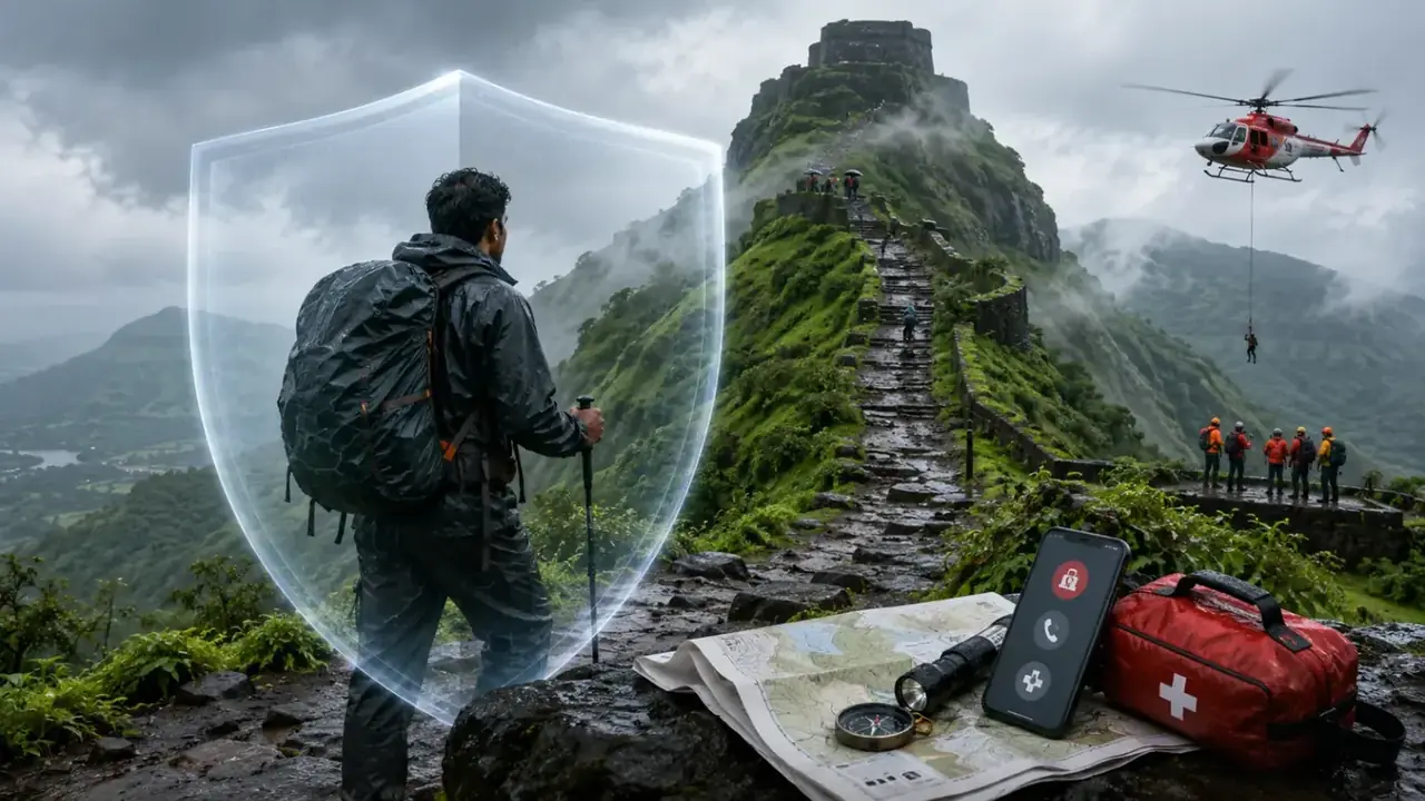 Trekker with a first-aid kit and insurance documents before a Sahyadri trek