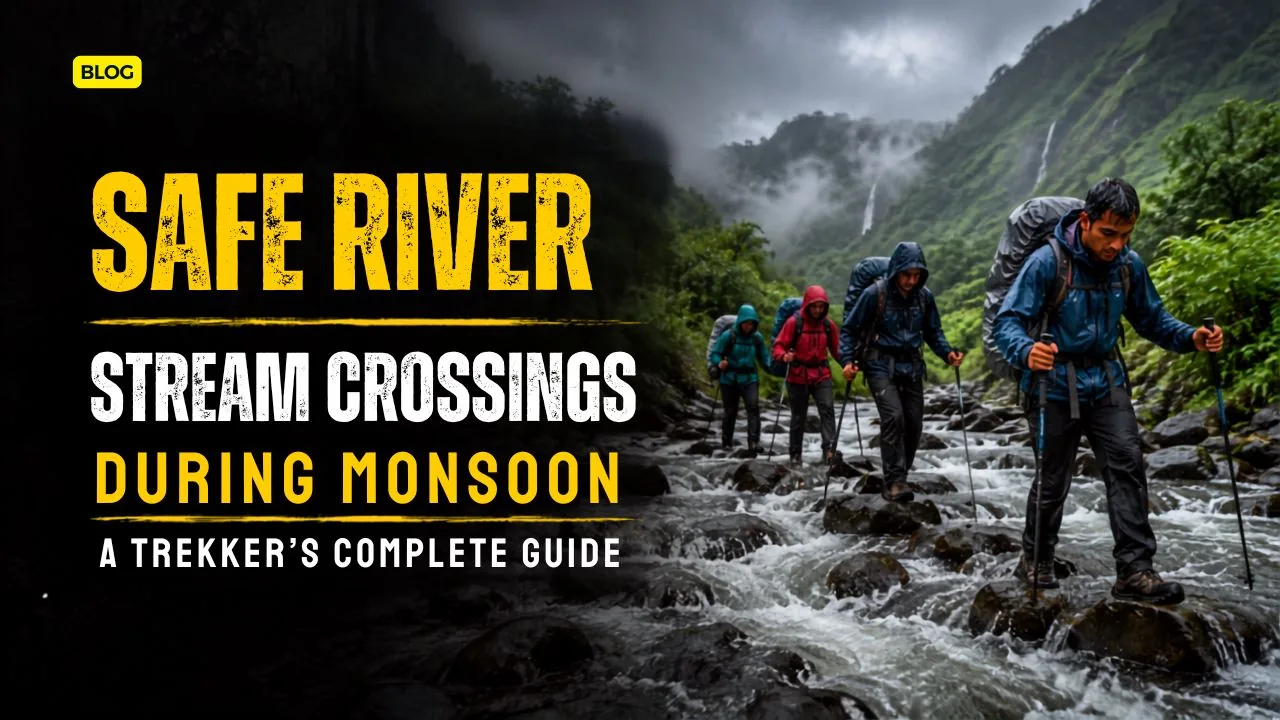 Trekkers crossing shallow monsoon stream sahyadri