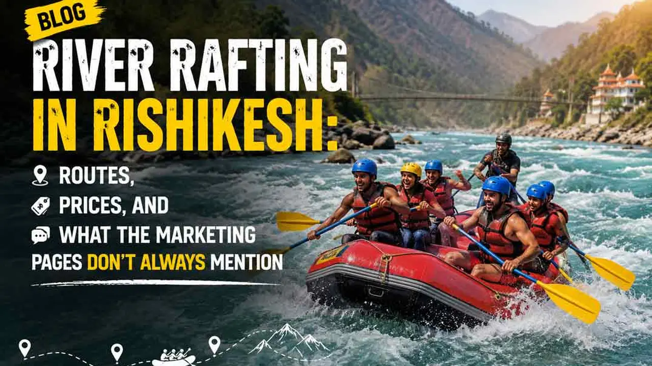 Rafters navigating rapids on the Ganga near Rishikesh